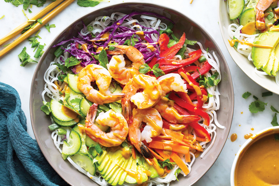 Rainbow Spring Roll Bowls with Shrimp or Chicken and Peanut Sauce